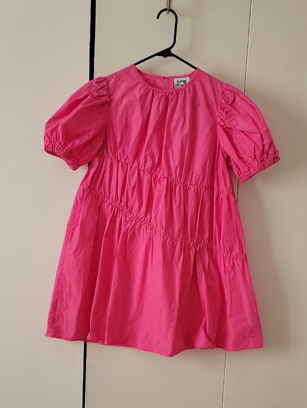 Bright Pink Puff-Sleeve Tiered Mini Dress